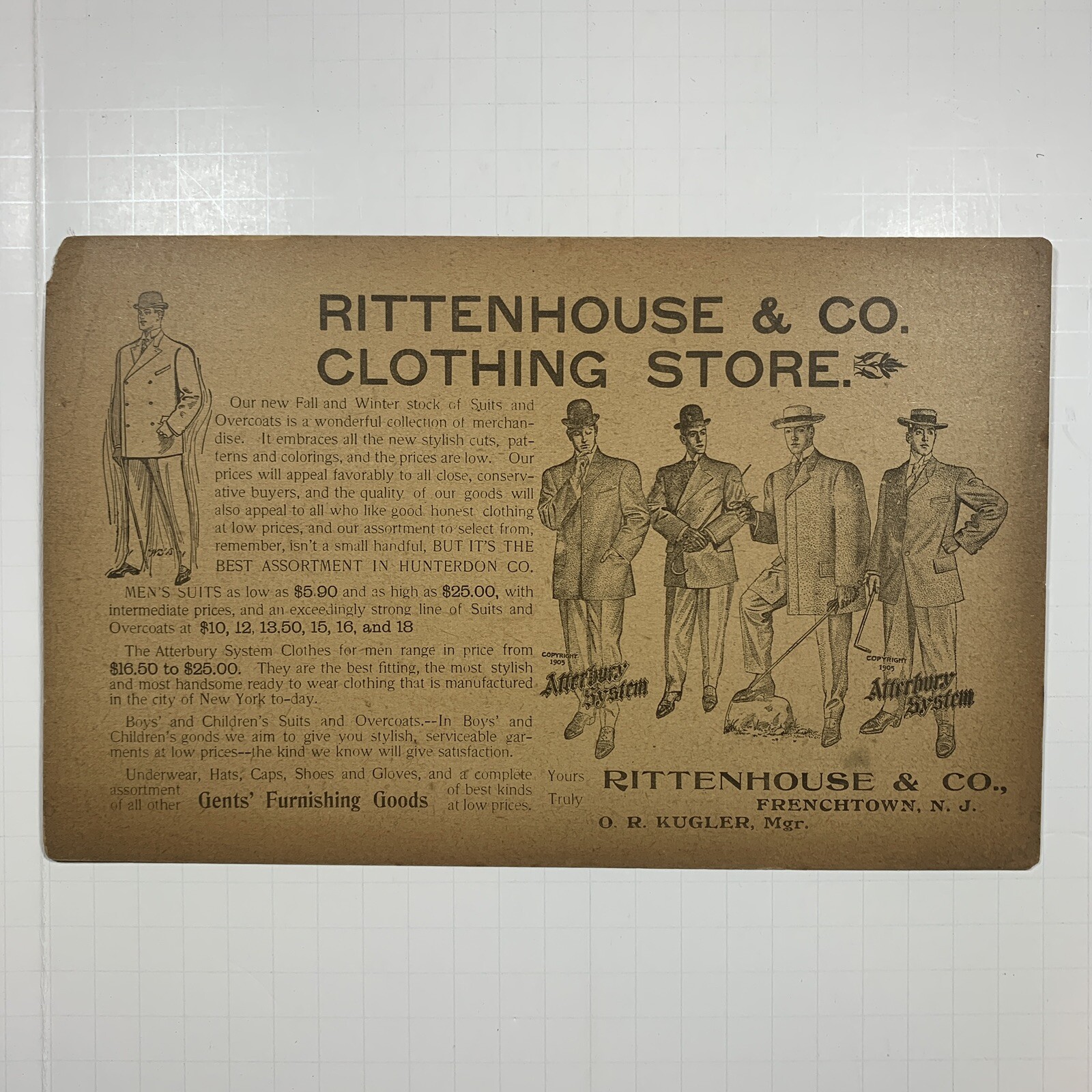 RITTENHOUSE & CO. CLOTHING STORE 1905 MENS FASHION TRADE CARD FRENCHTOWN, NJ RITTENHOUSE & CO. CLOTHING STORE 1905 MENS FASHION TRADE CARD FRENCHTOWN, NJ