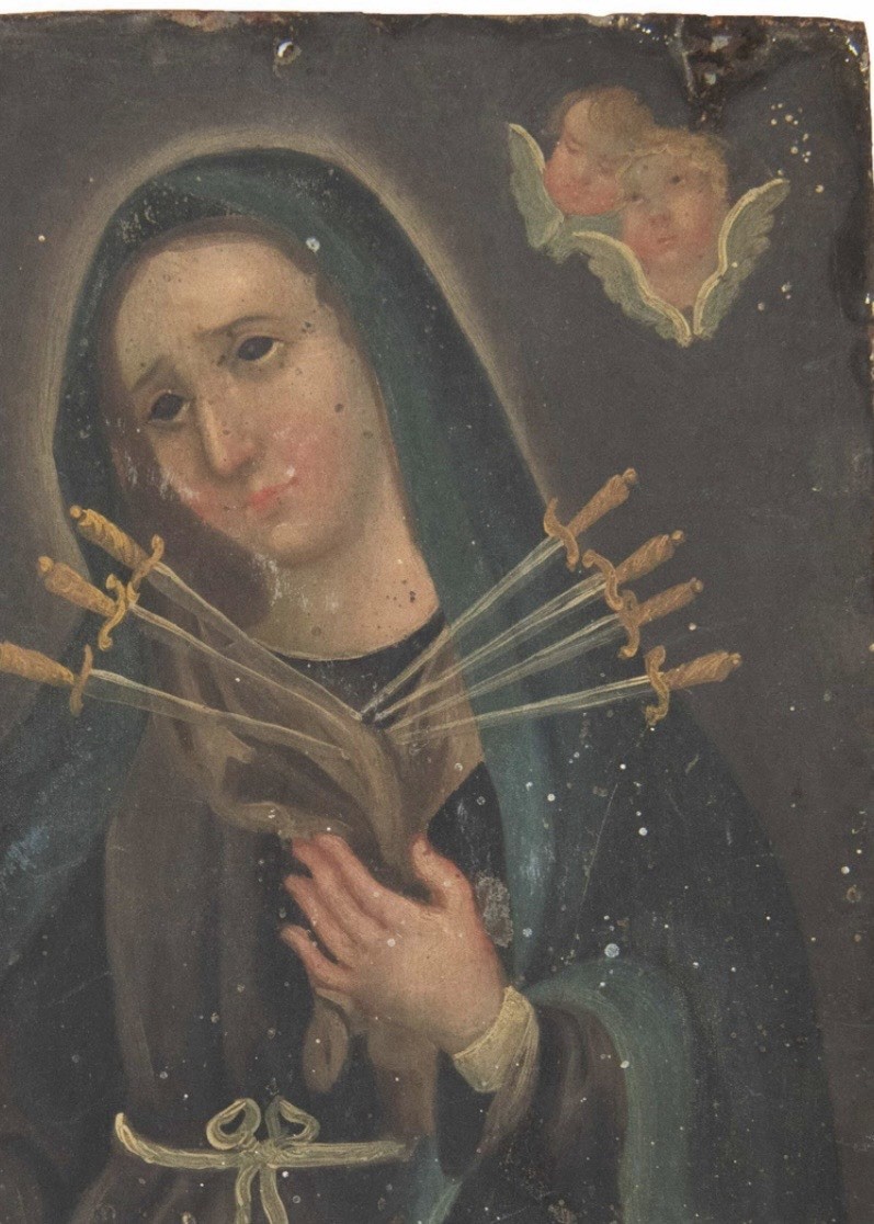 1880’s Oil on Tin , Retablo, of Mater Dolorosa, Mother Mary of de los Dolores