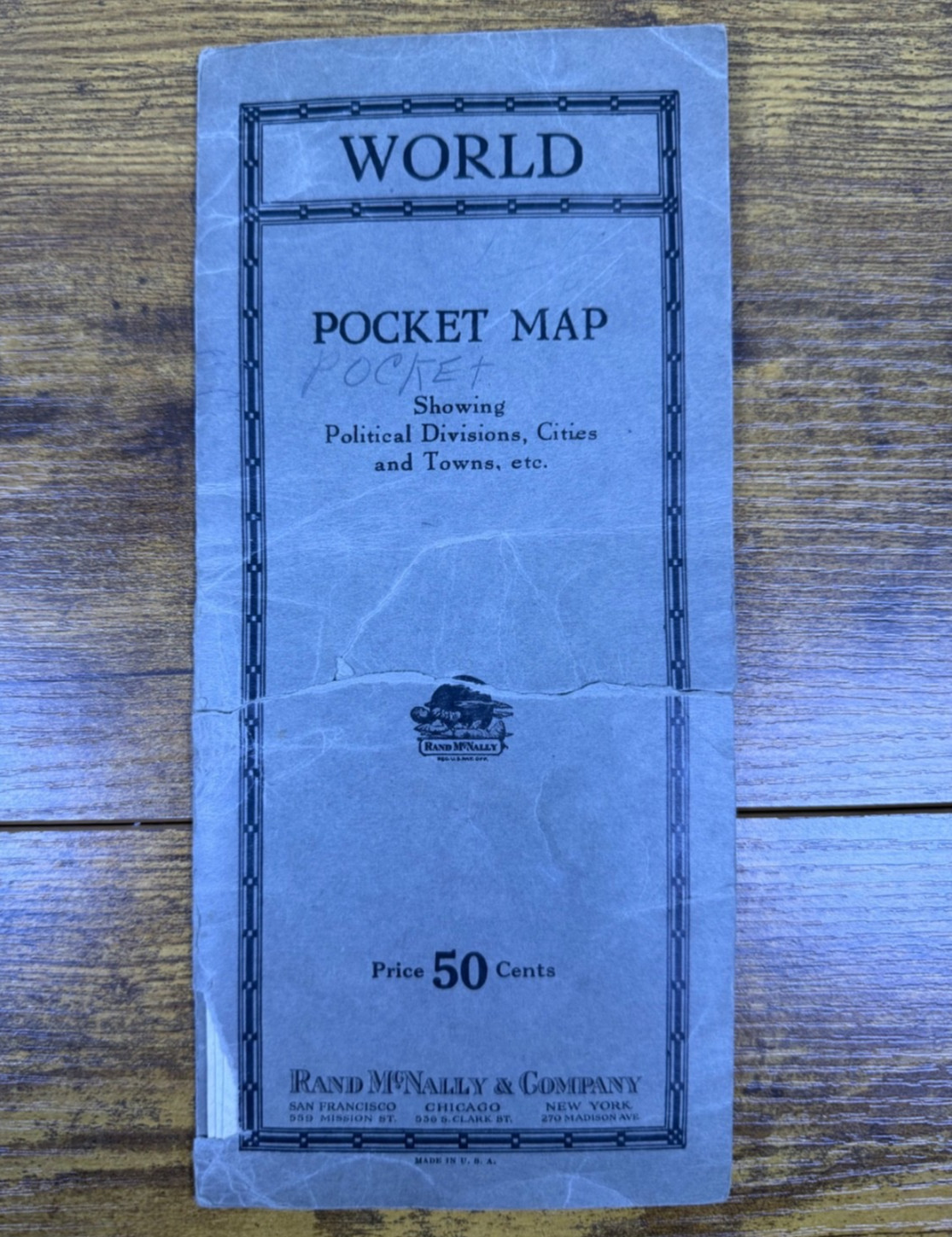 World Pocket Map Showing Political Divisions Cities & Towns Rand McNally ~20x26 