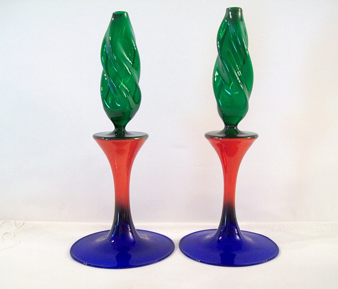 Art Glass Candlestick Holders – Hand Blown – Modern - Tricolor – 8 3/8” Tall