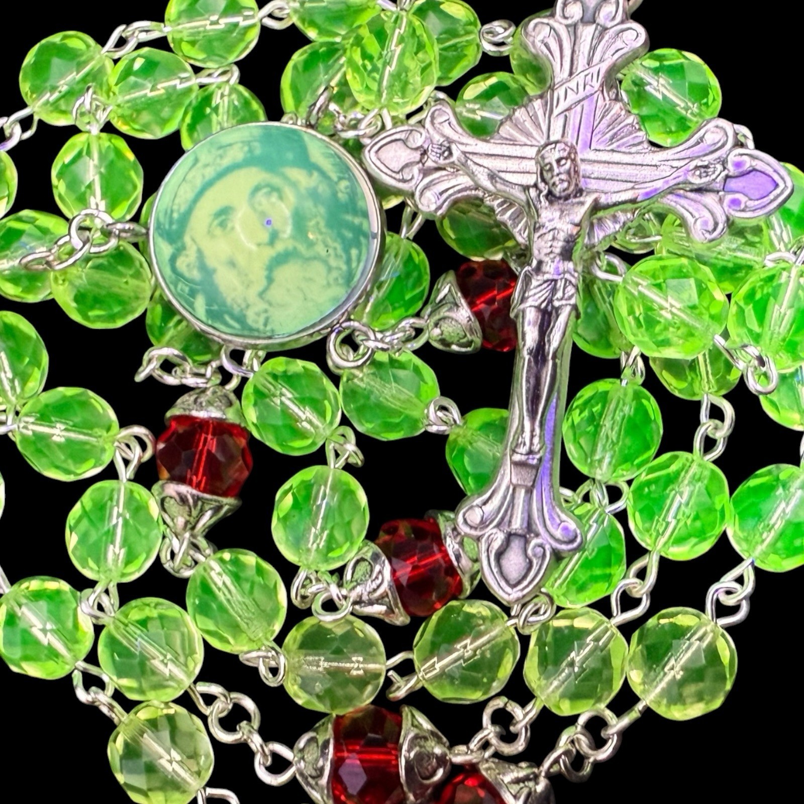 XL Uranium Glass Vaseline St. Patrick Green Glowing Holy  Rosary Heirloom  #X17