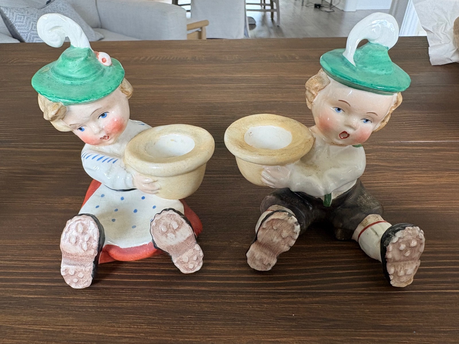 Antique Bisque Tyrolean Boy Girl Figurine Pair Green Feather Hat Planter Germany