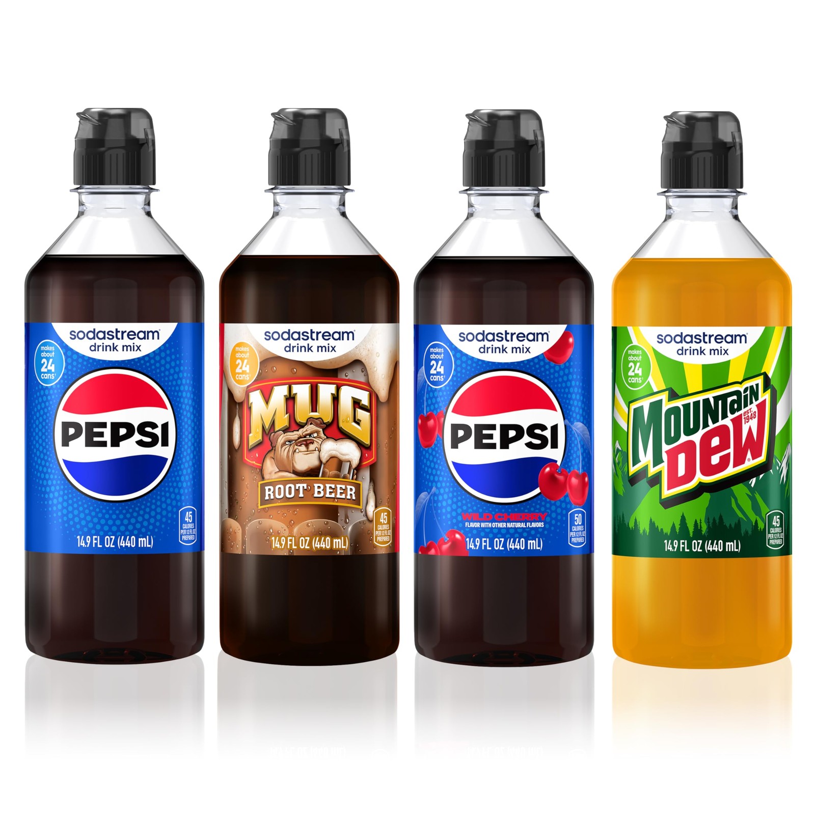 Sodastream Pepsi, Mug Root Beer, Pepsi Wild Cherry & 14.9 Fl Oz (Pack of 4) Sodastream Pepsi, Mug Root Beer, Pepsi Wild Cherry & 14.9 Fl Oz (Pack of 4)