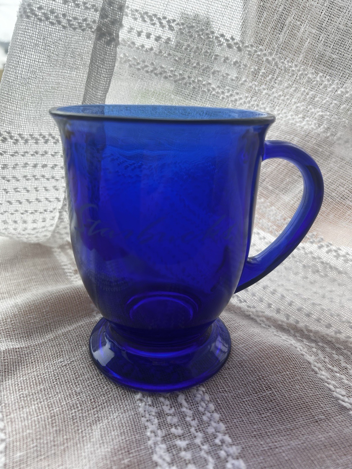 Cobalt Blue Glass Starbucks Coffee Cup Mug 16oz Etched Footed Anchor Hocking