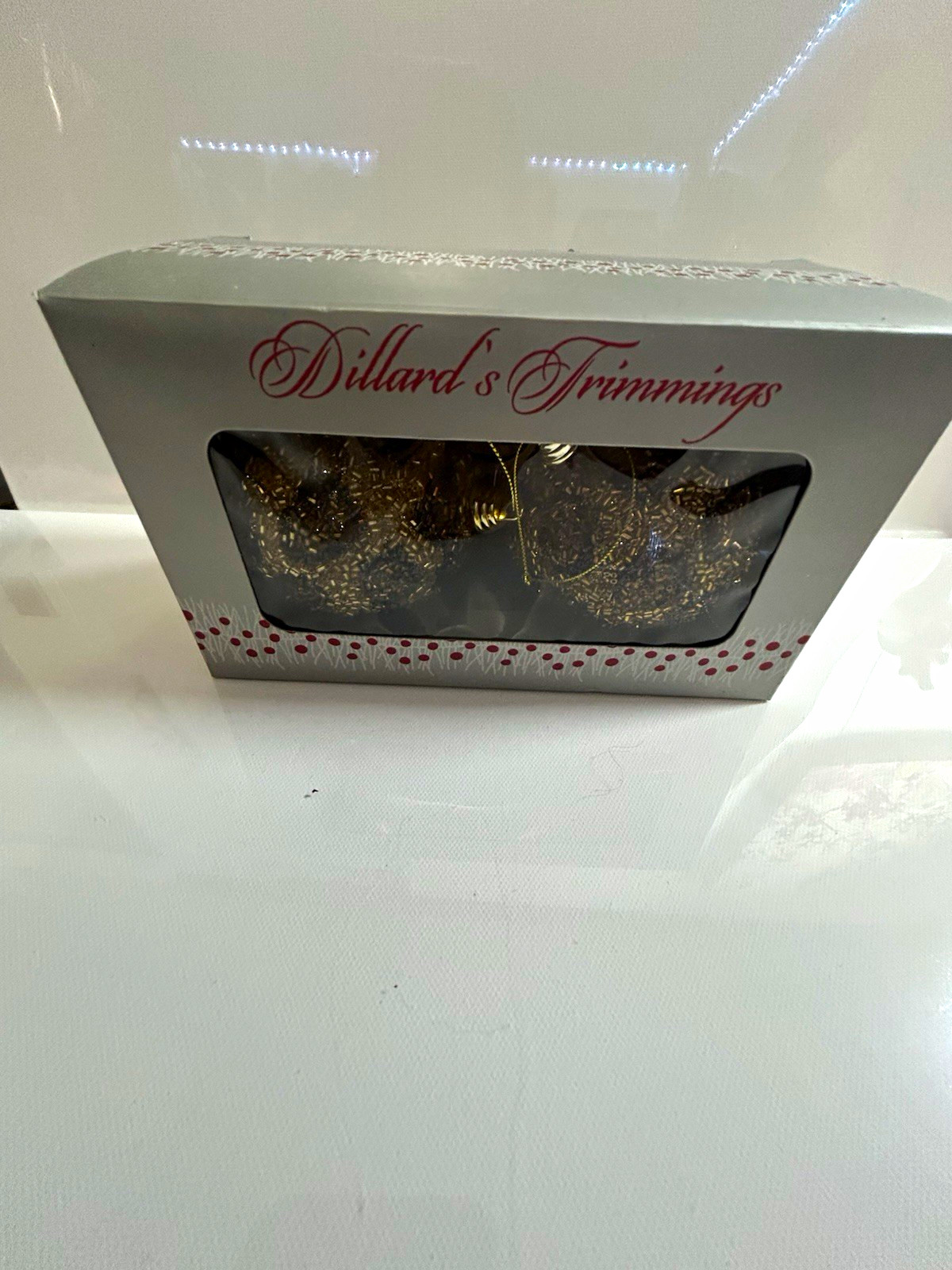 VTG Dillard\'s Trimmings Christmas Set of 2 Gold Glitter Leopard Print Ornaments.