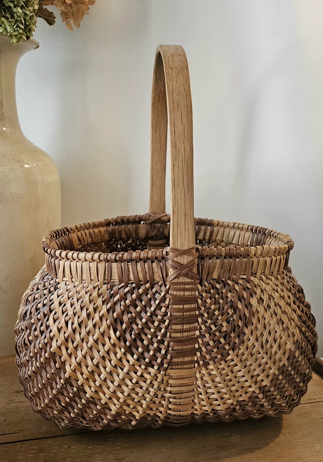 Vintage Large Hand Woven Melon Gathering Basket  13”x15