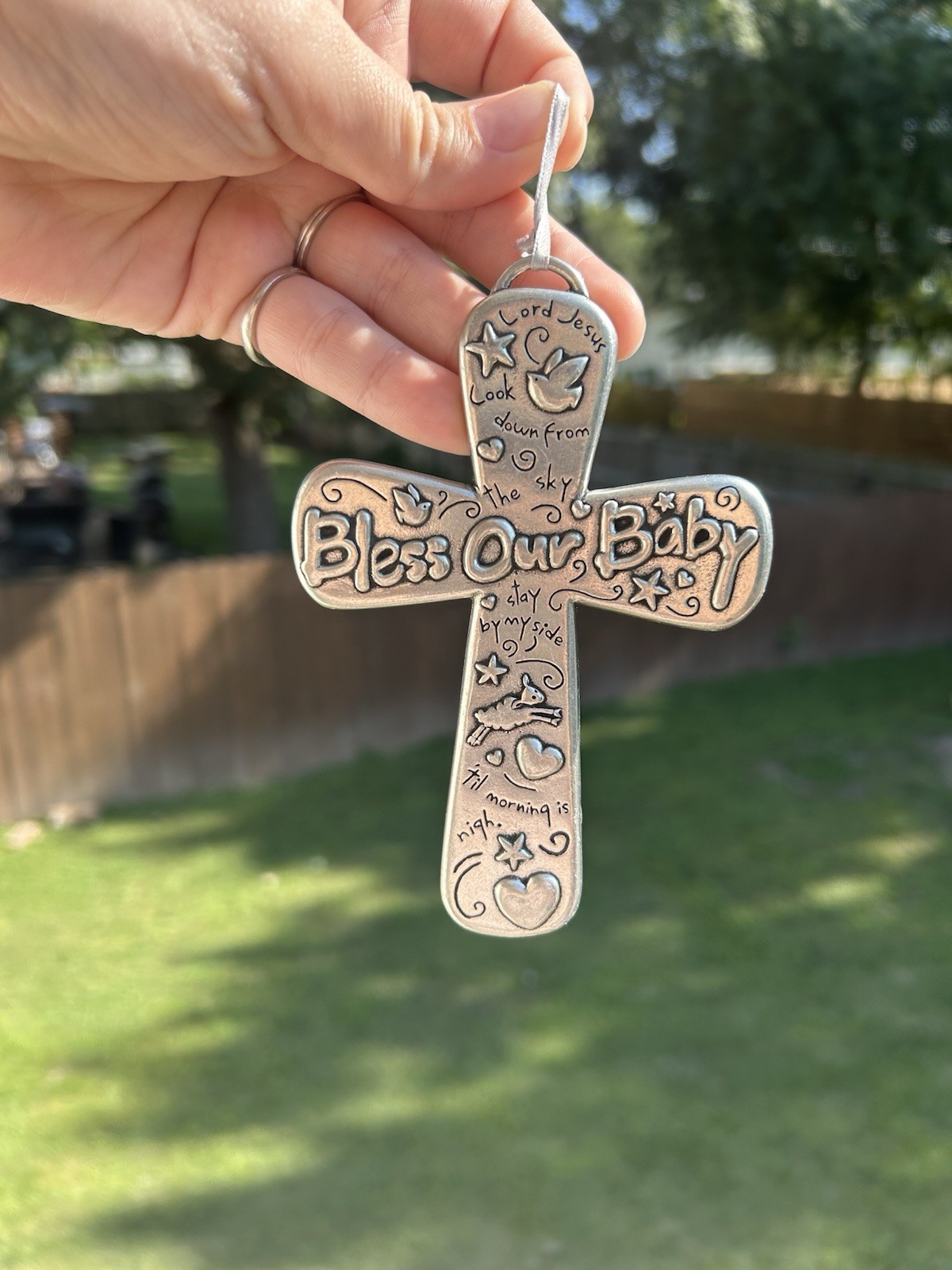 Vintage ESO Pewter Bless Our Baby Cross Religious Ornament Wall Hanging Metal