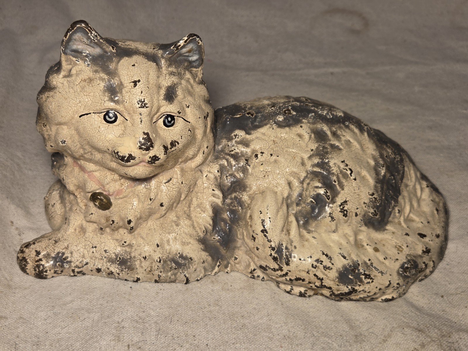 Antique Cast Iron Littco Cat Doorstop In Original Paint, Pink Bow Hubley