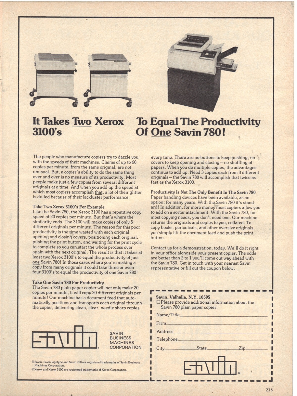 Vintage Print Ad 1977 for Savin 780 Copier and Quaker State Motor Oil