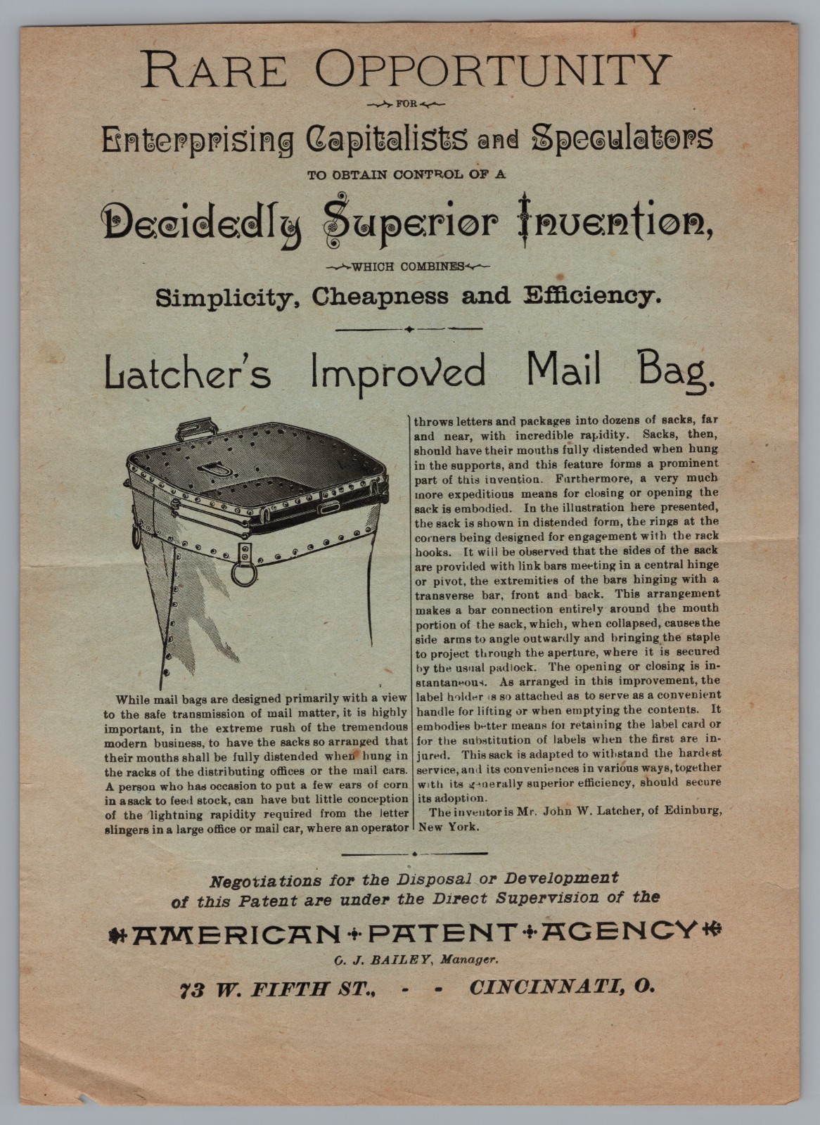 Antique 1880s Paper Ad Latcher\'s Improved Mail Bag Patent Circular Cincinnati OH