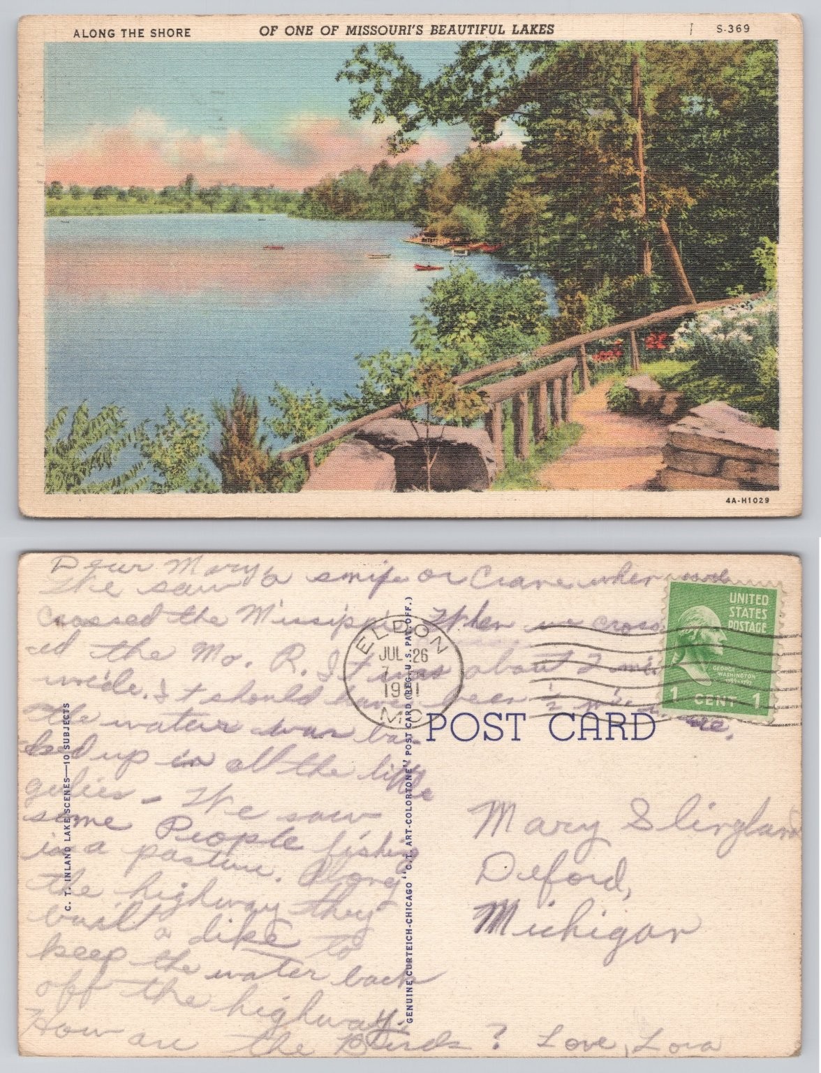 Vintage 1941 Missouri Lake Scenic Linen Postcard Curt Teich Eldon MO