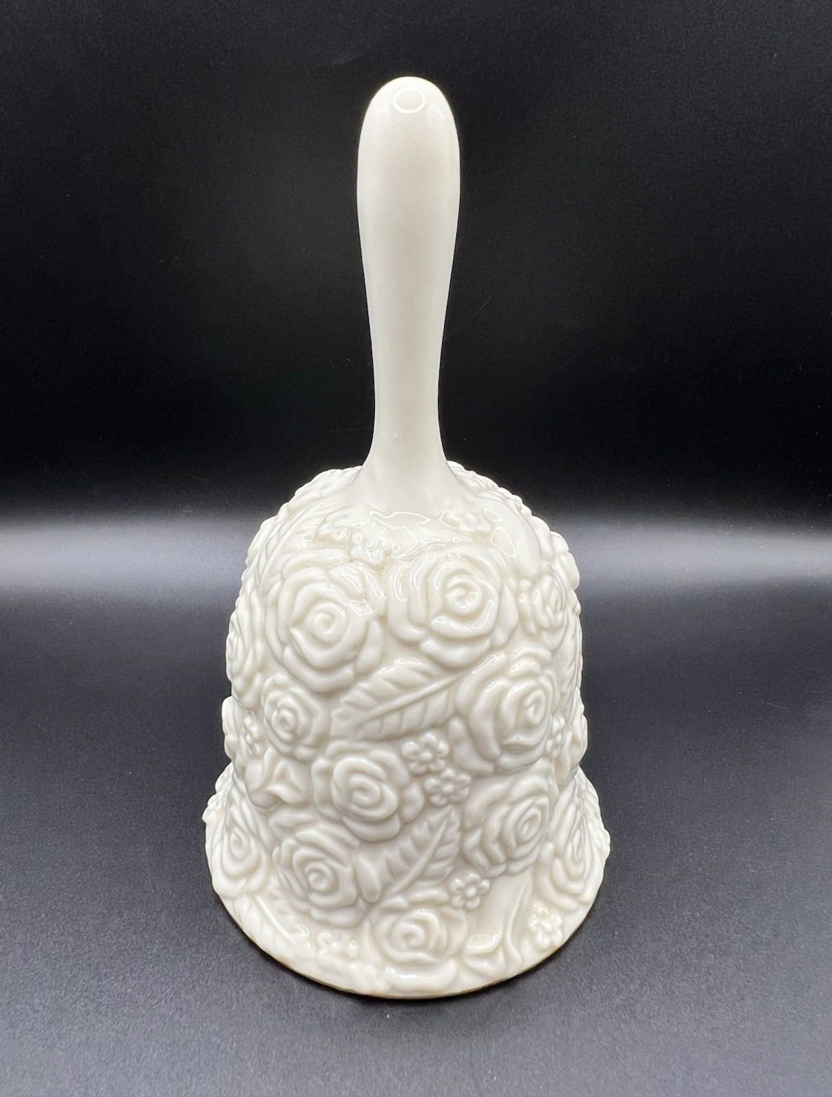 Vintage Porcelain White Roses “Wedding Bell” w Gold Trim 5.5” Tall