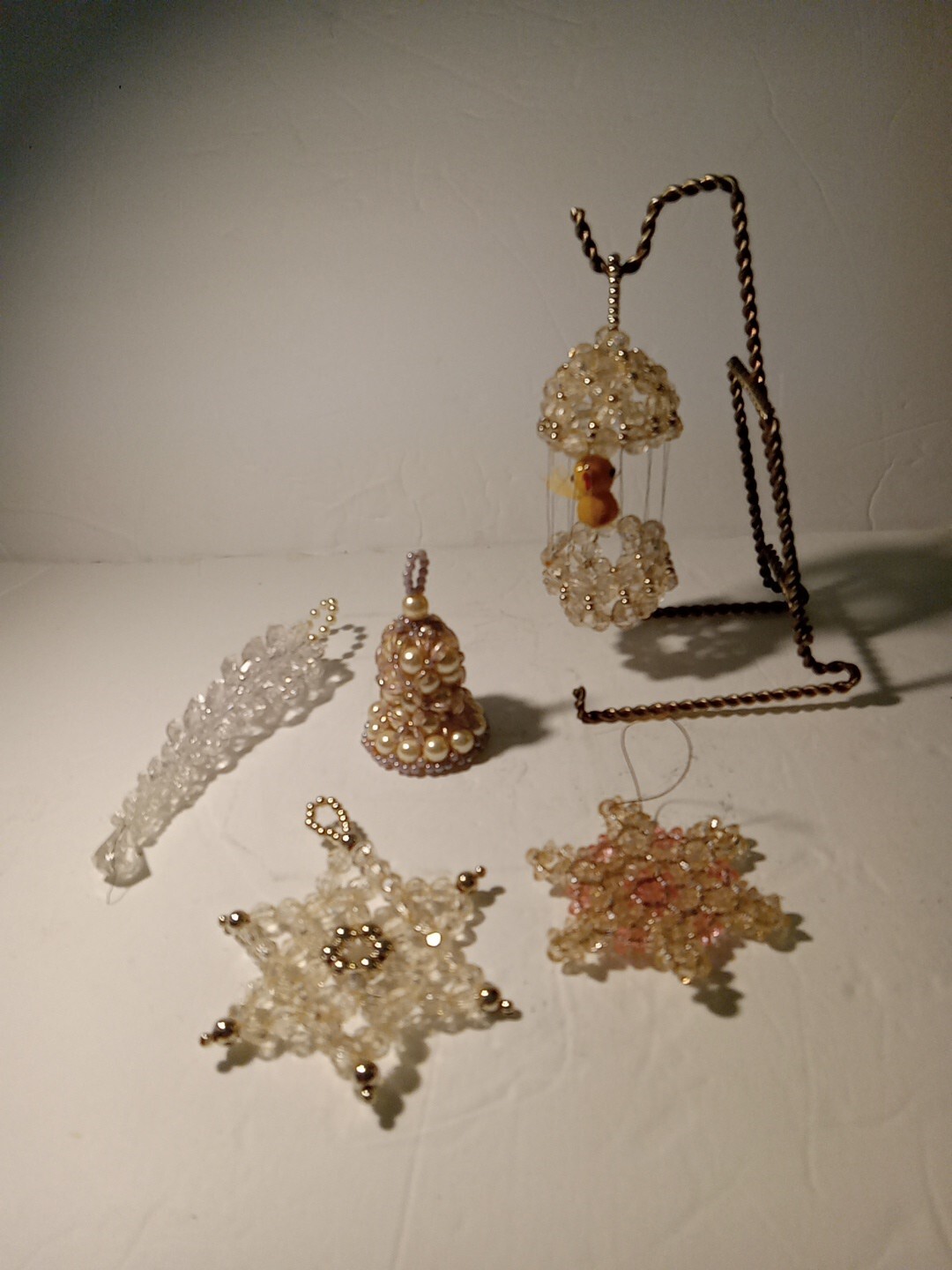 Vtg. HAND CRAFTED Plastic BEADED Christmas Ornament LOT Bird Cage Bell Icicle 5