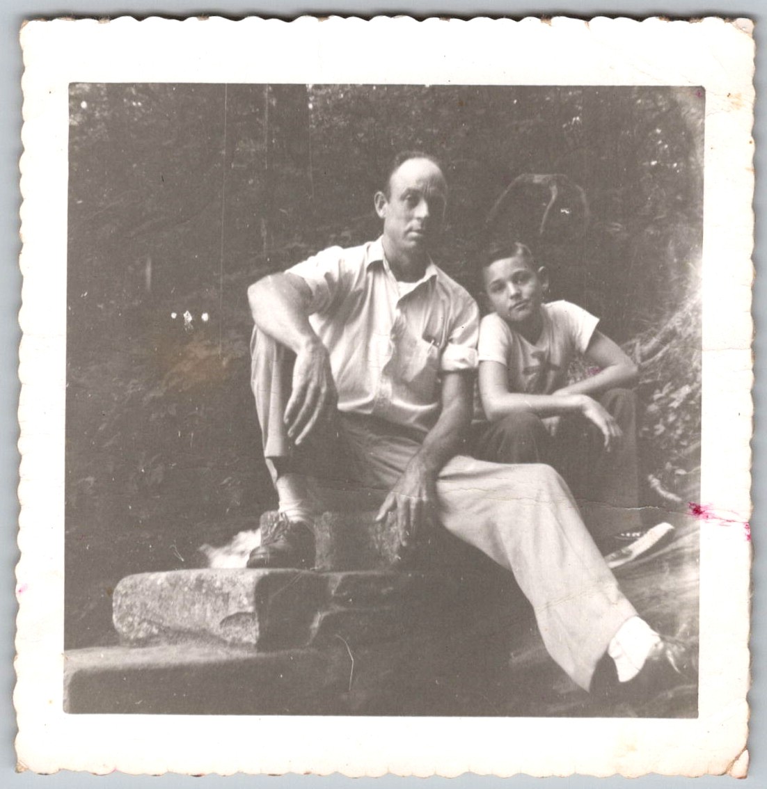 Vtg B&W Snapshot Father Son Outdoors Sitting Stone Steps Deckle Edge 1940s