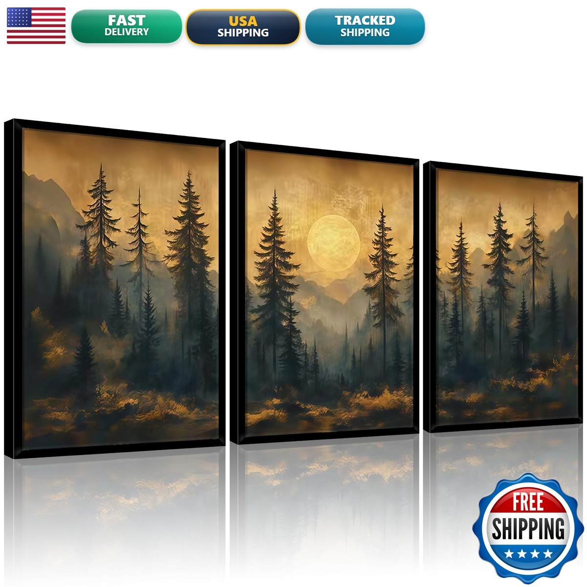 Omerecal Framed 3pcs Pine Forest Full Moon Canvas Prints 12x16 Inch