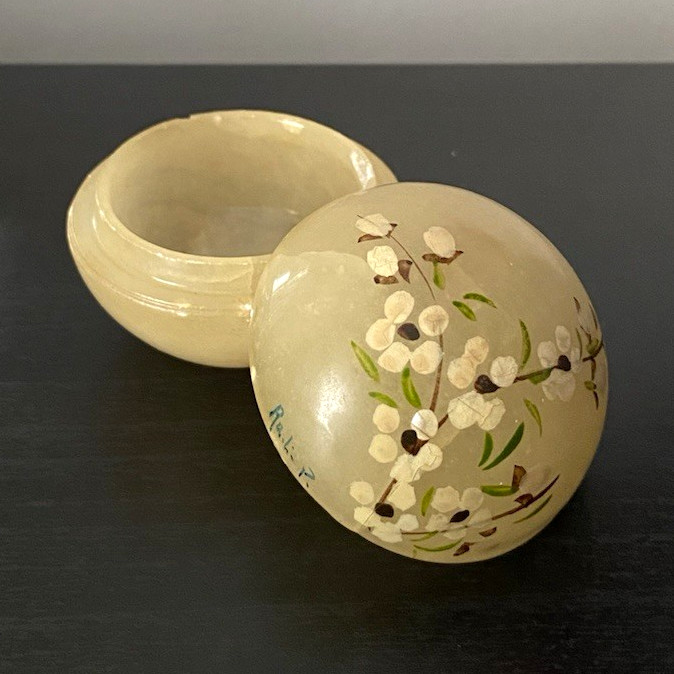True Vintage Translucent Alabaster Stone Hand Painted Floral Trinket Box