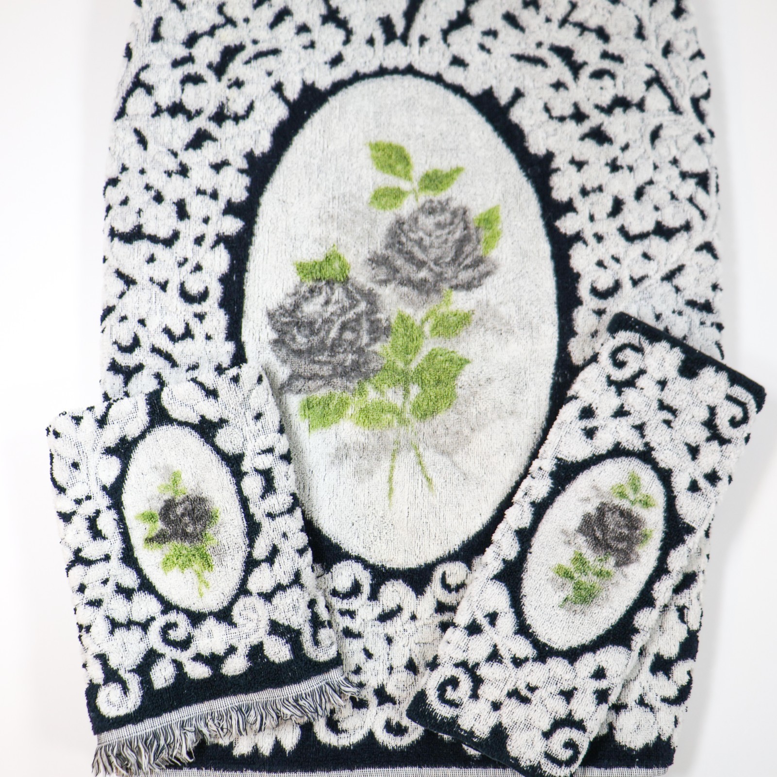 Vtg Cannon Royal Family Bath Towel Set Gray Navy Cameo Roses 3 Pcs Floral Flower
