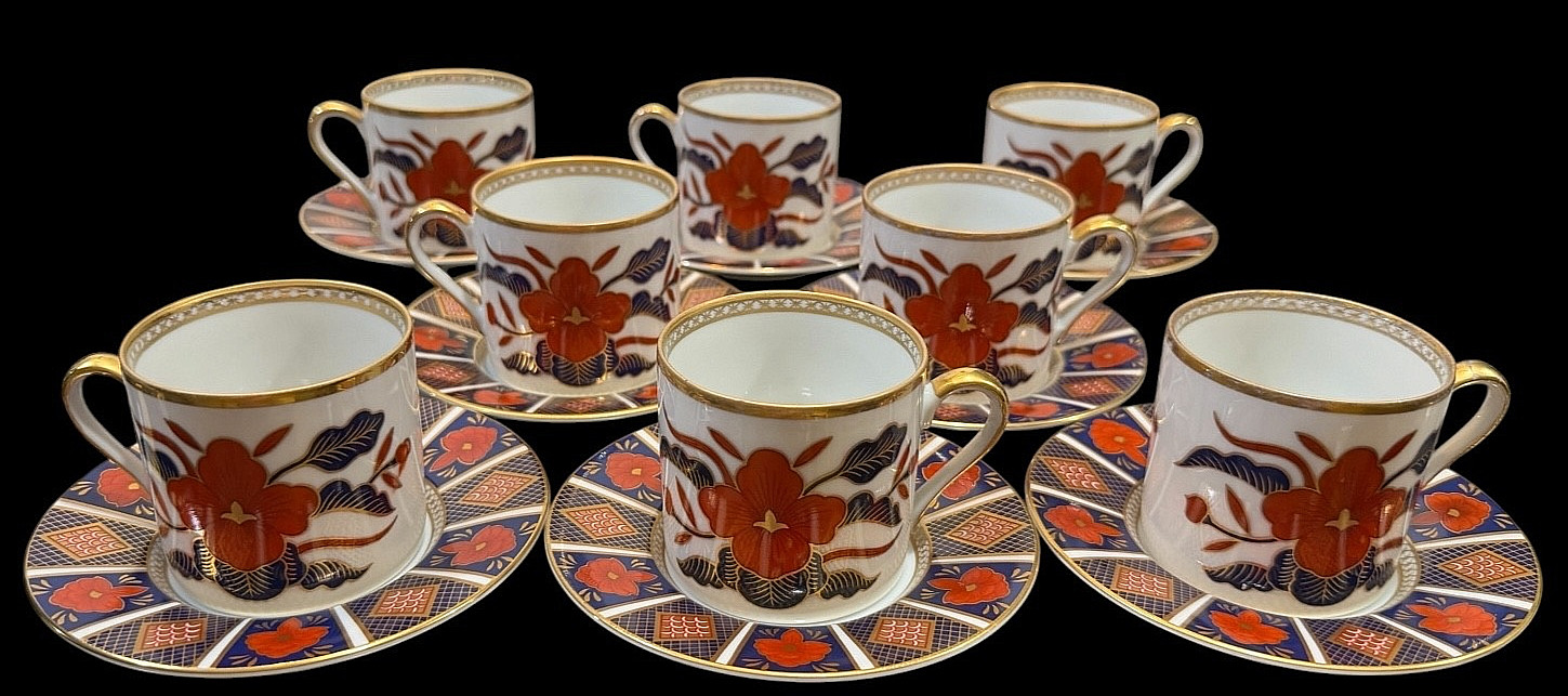 FITZ & FLOYD PORCELAIN EMPRESS PATTERN IMARI DEMITASSE CUPS & SAUCERS SET OF 8 FITZ & FLOYD PORCELAIN EMPRESS PATTERN IMARI DEMITASSE CUPS & SAUCERS SET OF 8