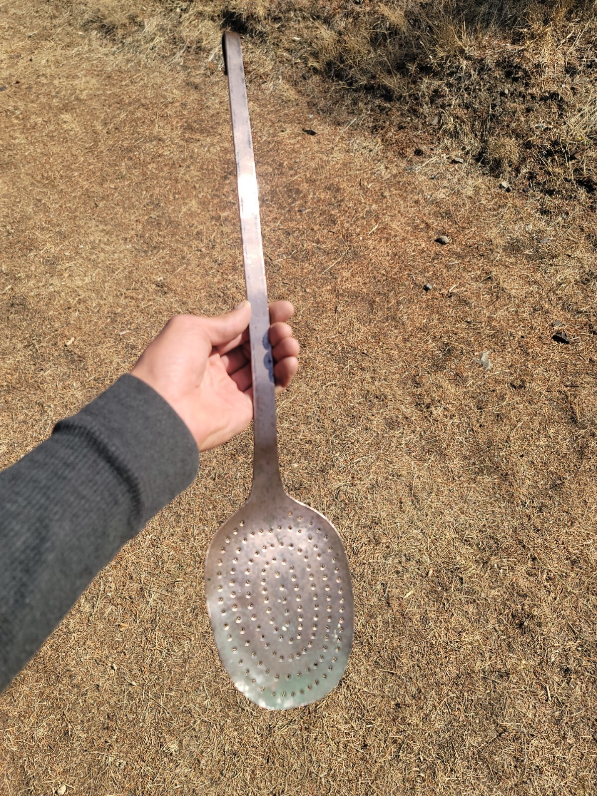 Neat Old Solid Copper Kitchen Spoon ☆ Antique Burgundy France Skimmer Ladle 