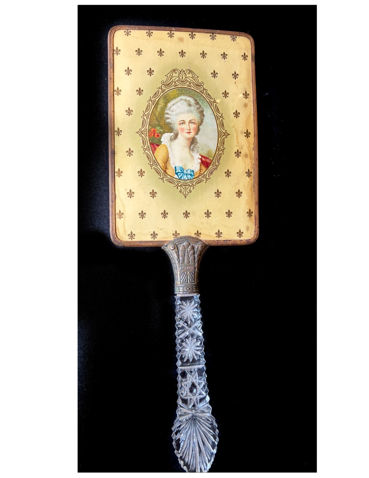Vintage Marie Antoinette Woman's Hand Mirror with Cut Glass Art Deco Handle