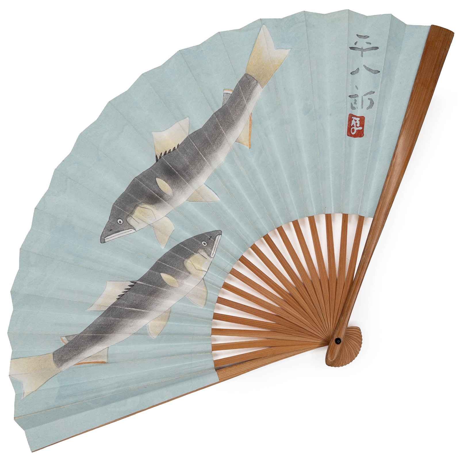 VTG Japanese Sensu Folding Fan Bamboo & Washi Paper Ayu Fish Kyoto Marubutsu