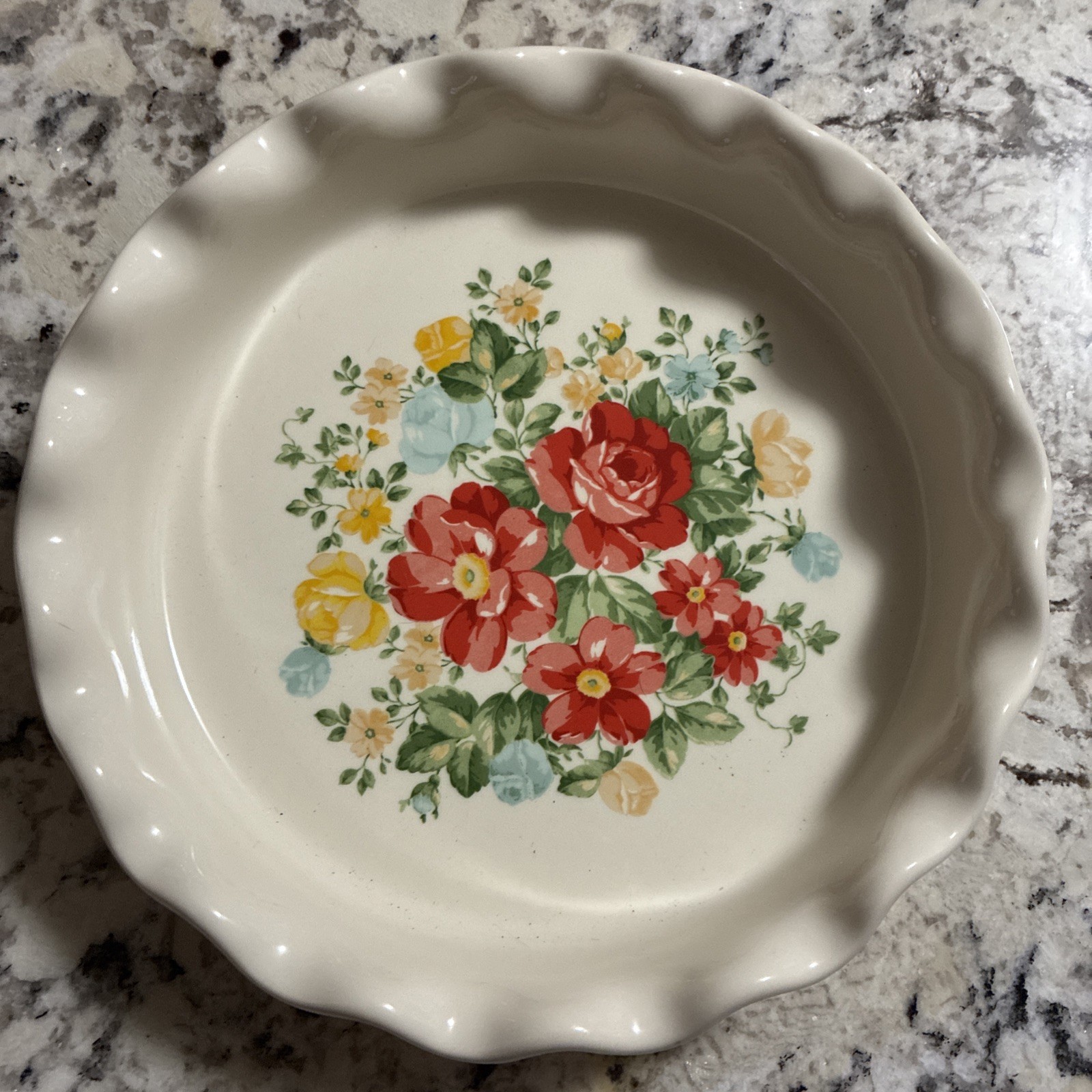 Pioneer Woman Vintage Floral Pie  Baking Plate Dish Red Trim 10\
