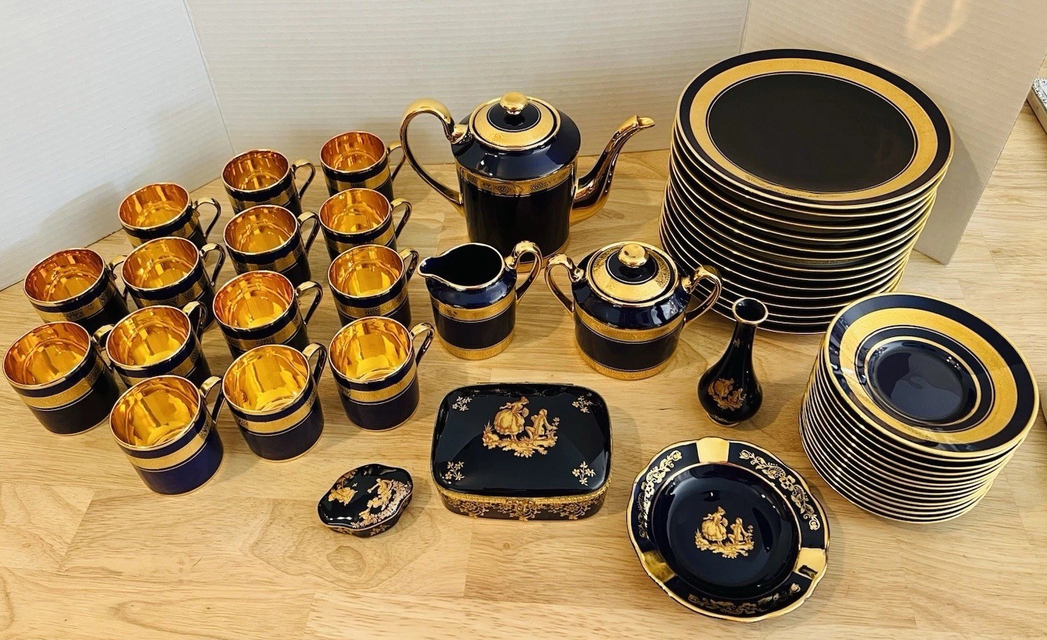 Vintage Limoges Legle France 50+Pc Dessert & Coffee Service for 14 Cobalt & Gold