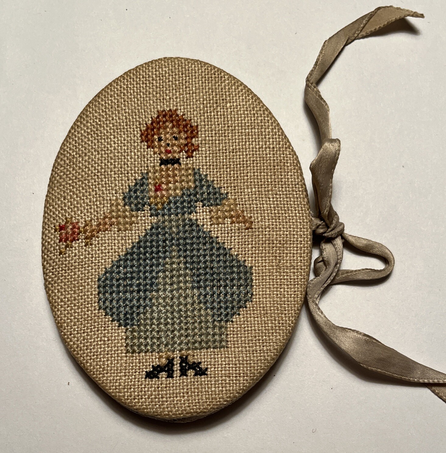 Antique Needle Book Keeper Handmade Fine Petit Point Stitch Woman Basket Oval