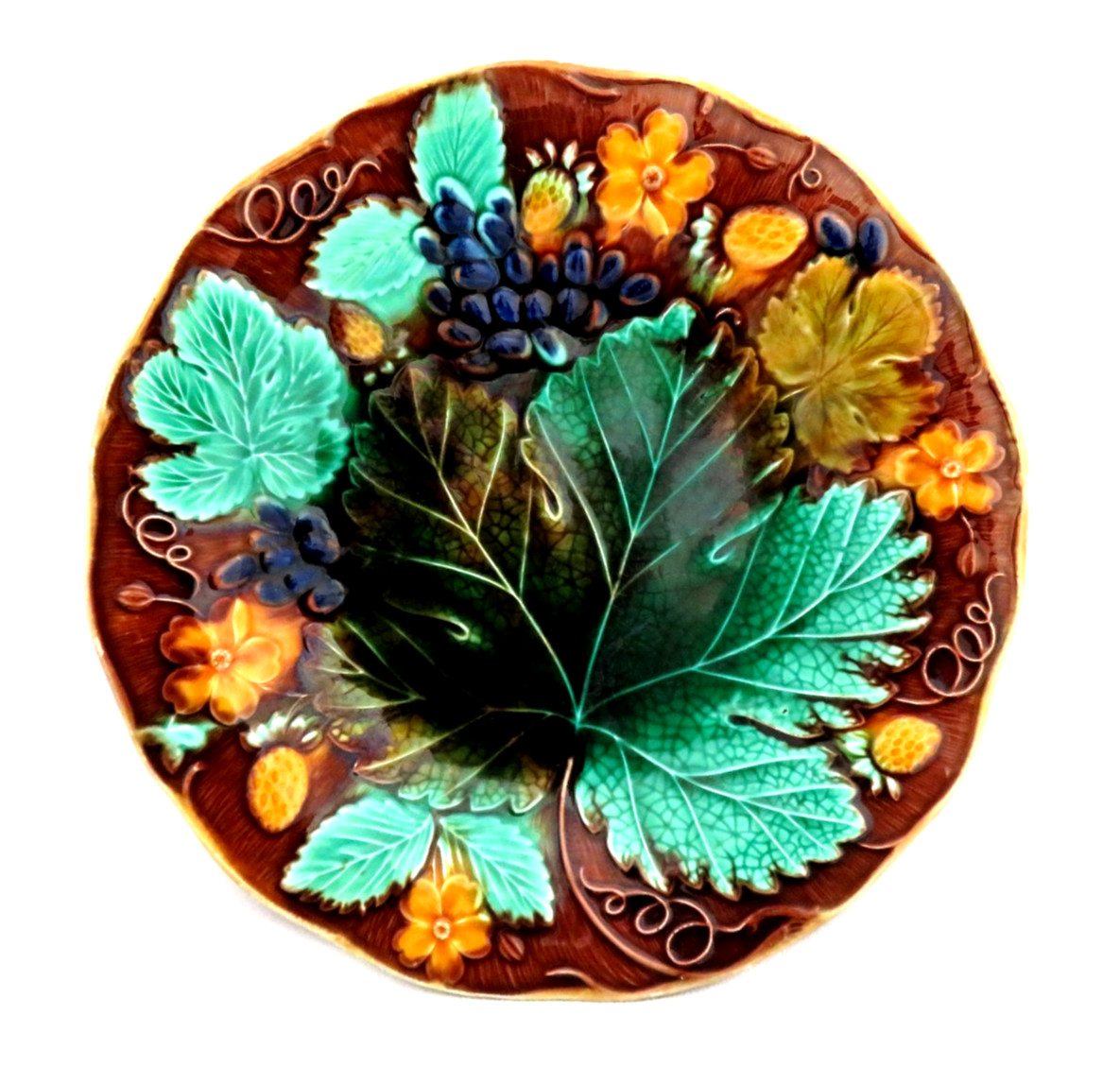 Antique English Majolica Strawberry and Grape Leaf Blossoms Plate