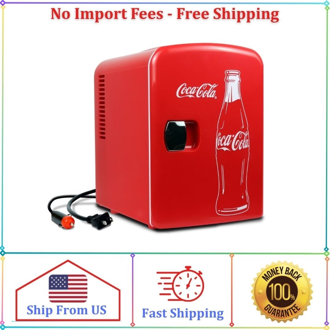 Coca-Cola Mini Fridge 4L 6 Can, Red Portable Beverage Cooler with AC/DC Car Adap