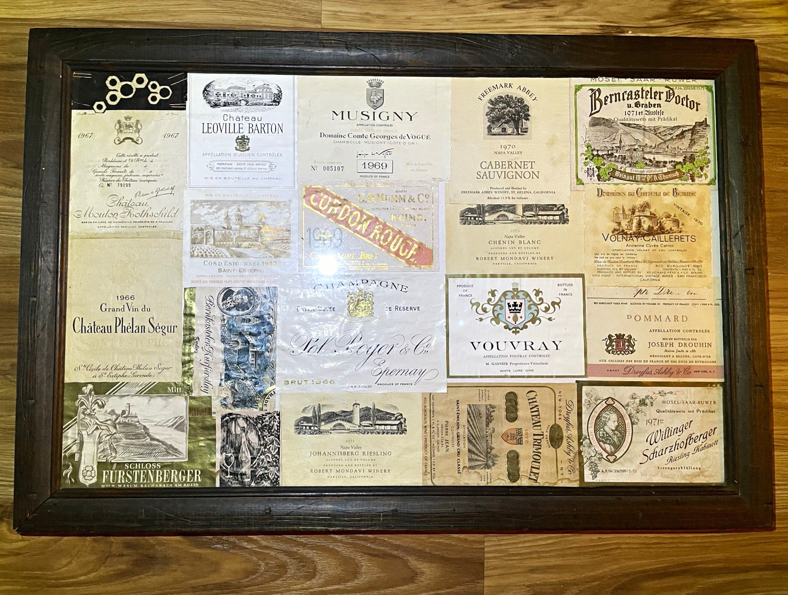 Custom Framed Collage Vintage authentic Wine Labels 1966-1971