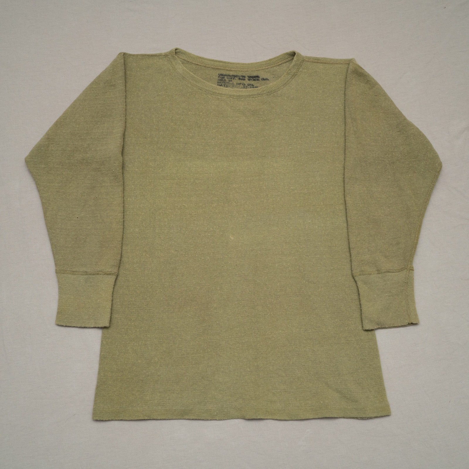 Vintage 40s 50s WWII Olive Drab Wool Cotton Blend Thermal Overlock Stitch Large