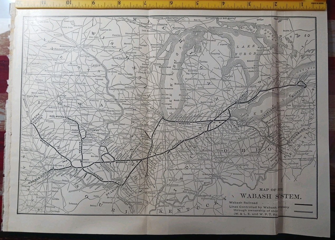 1905 Train Route Map WABASH SYSTEM all Railroad Controlled Lines stations 12\