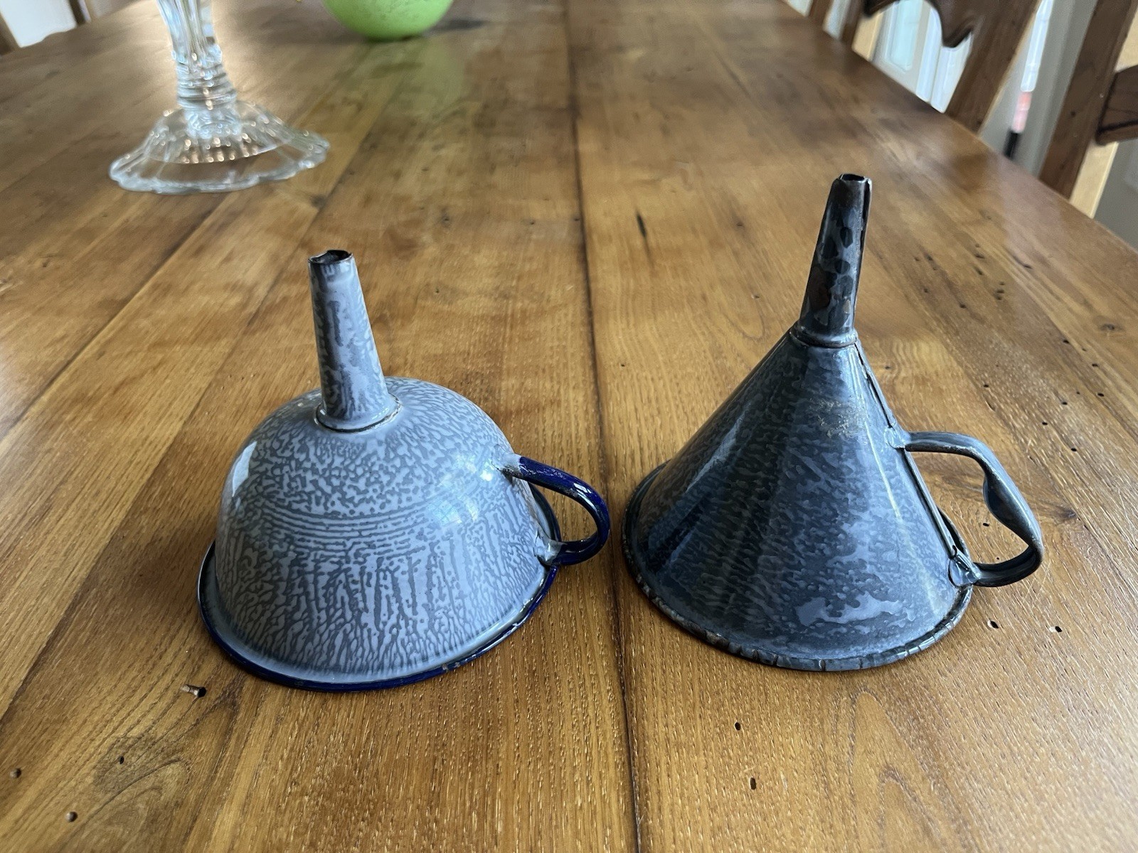 2 Antique Mottled Gray Enamel Granite Ware Funnels  1900 Farmhouse