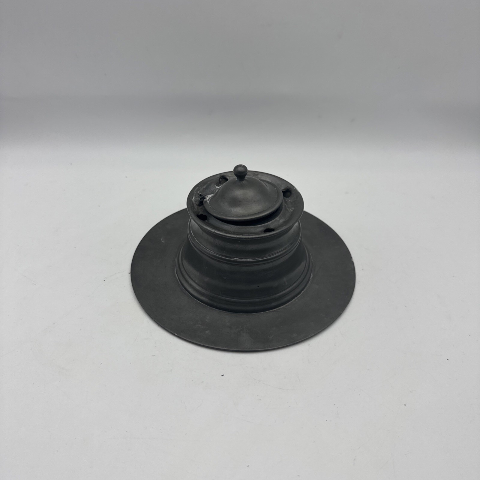Antique Pewter Ship\'s Captain Wide Base Inkwell With Quill Holders