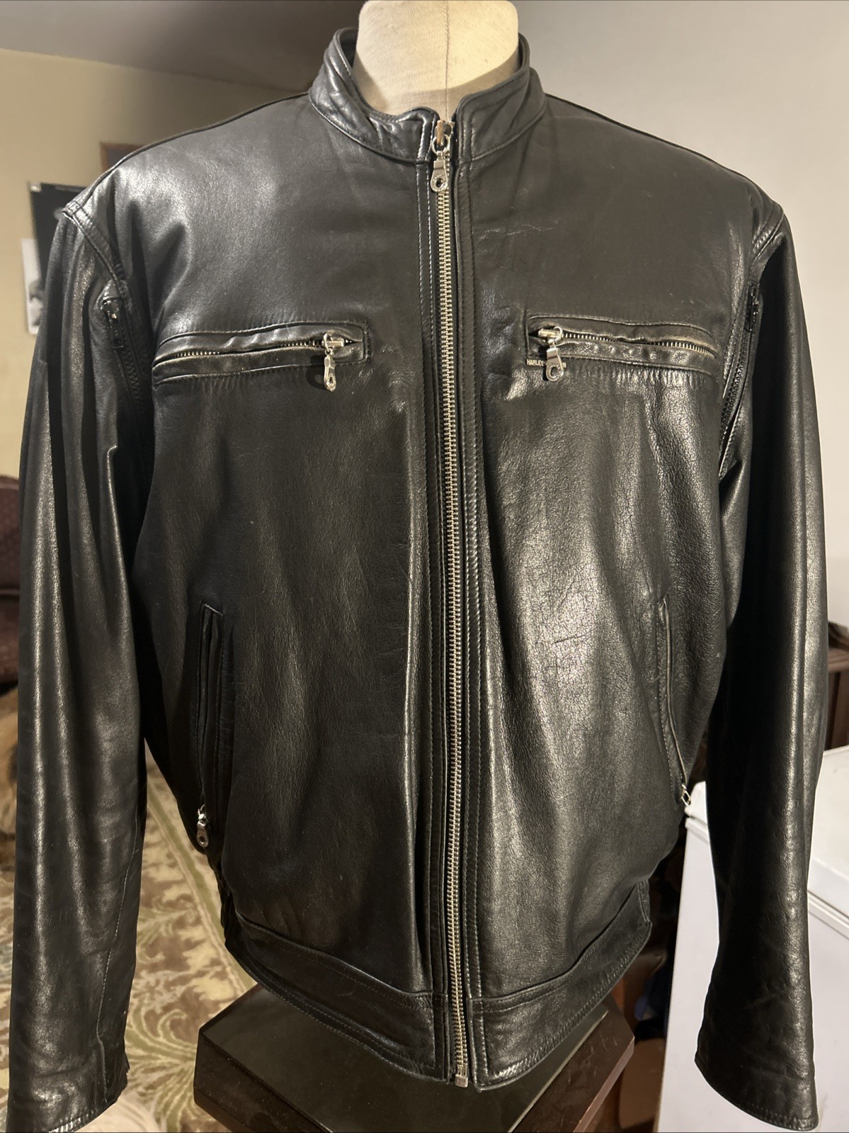 Harley Davidson Winged Embossed Leather Jacket XL Pit Vents Cafe Racer Liner EUC
