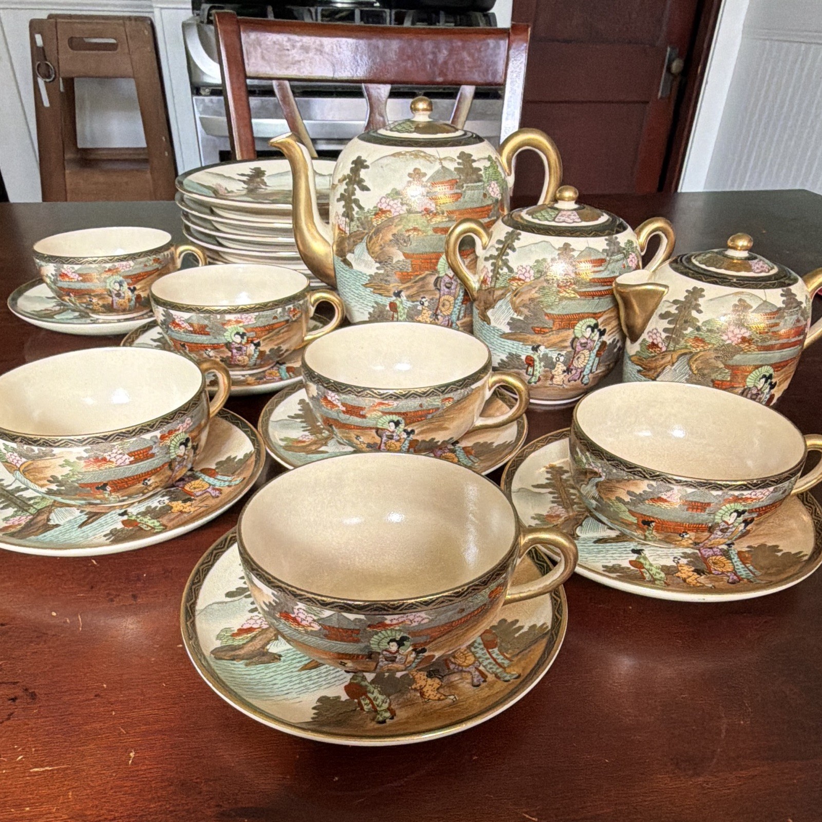 Antique Japanese Satsuma Style Tea Set Service for 6 – Hand Painted Gold Details