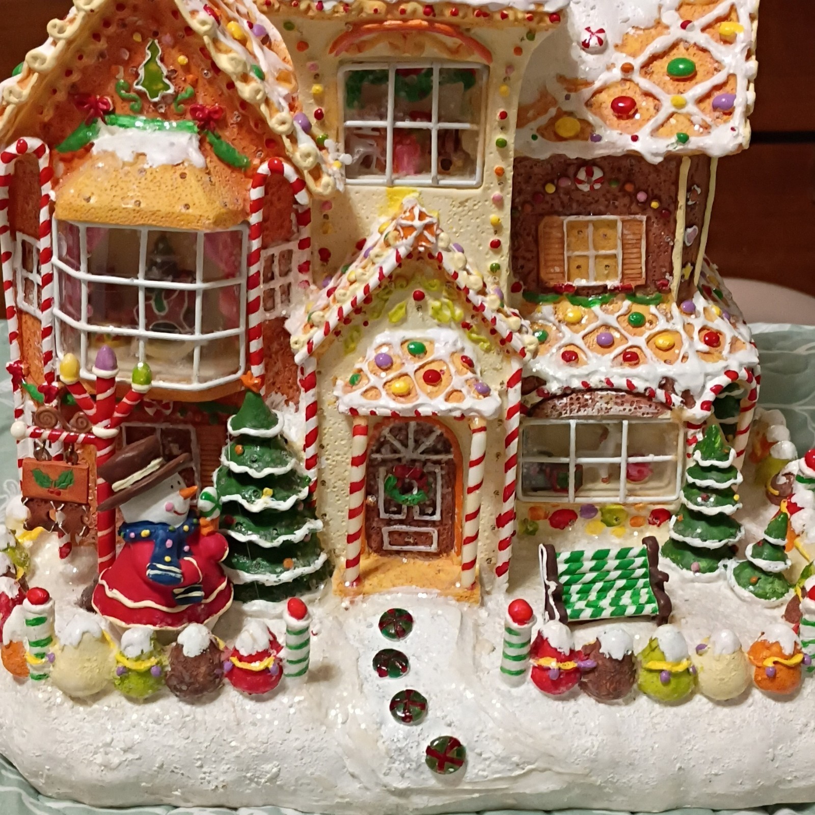 Illuminated Ceramic Gingerbread  House Figurine, Painted battery operated 