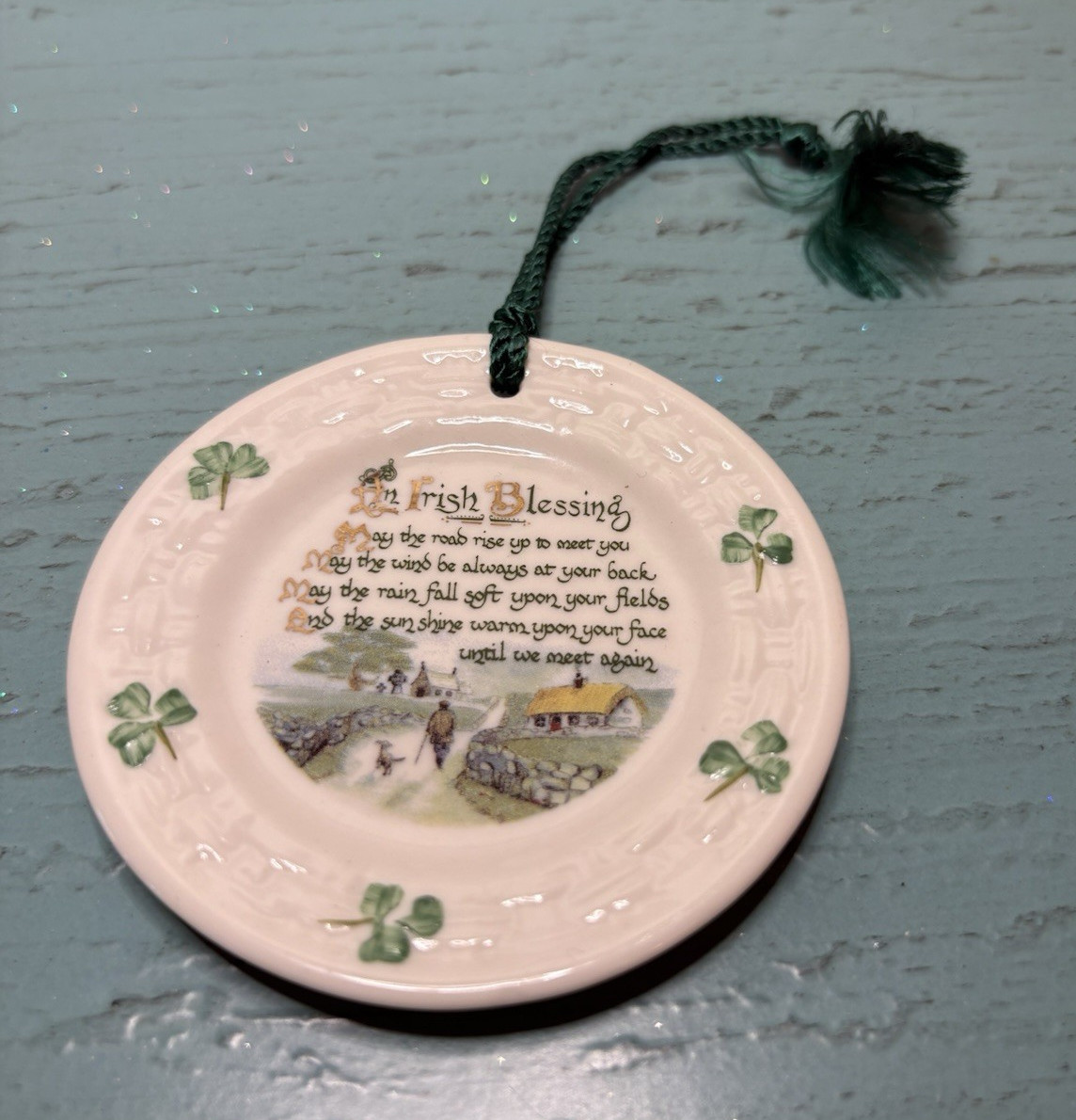 Belleek Irish Blessing Shamrock Hanging Ornament Ireland Fine Parian Porcelain Belleek Irish Blessing Shamrock Hanging Ornament Ireland Fine Parian Porcelain