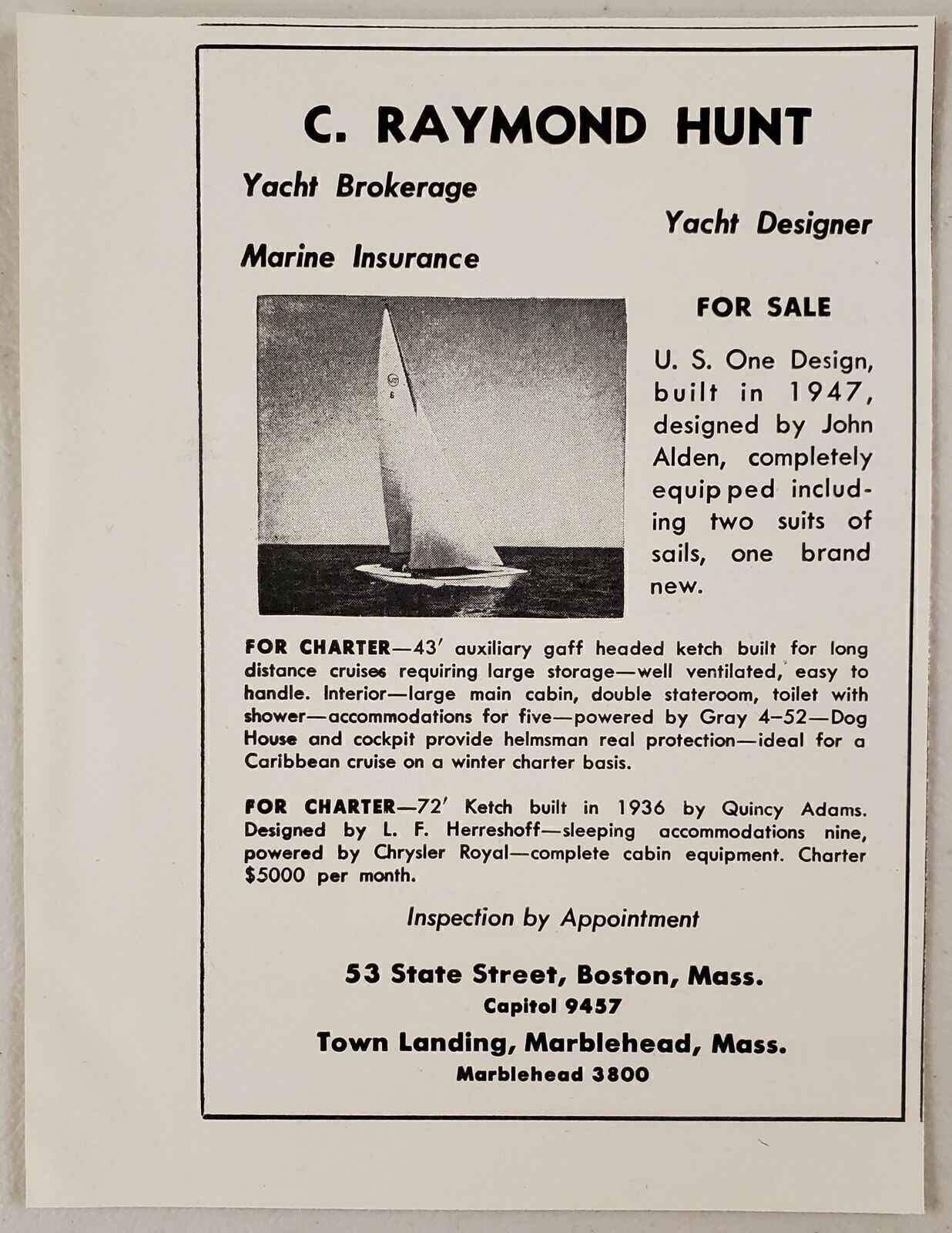 1947 Print Ad Yacht Designer Yacht Brokerage C Raymond Hunt Boston,Marblehead,MA