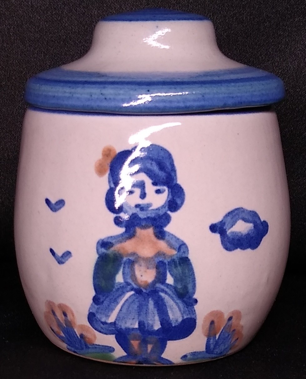 MA Hadley Pottery Stoneware Pitcher Lidded Sugar Jam Jar Farmers Wife Woman 3.5\