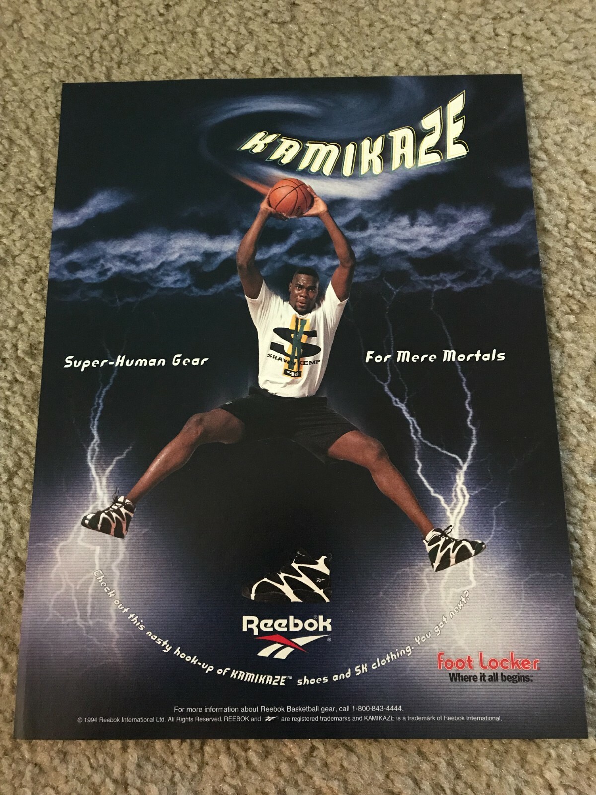 Vintage 1995 SHAWN KEMP REEBOK KAMIKAZE Shoes Shirt Poster Print Ad 1990s SONICS