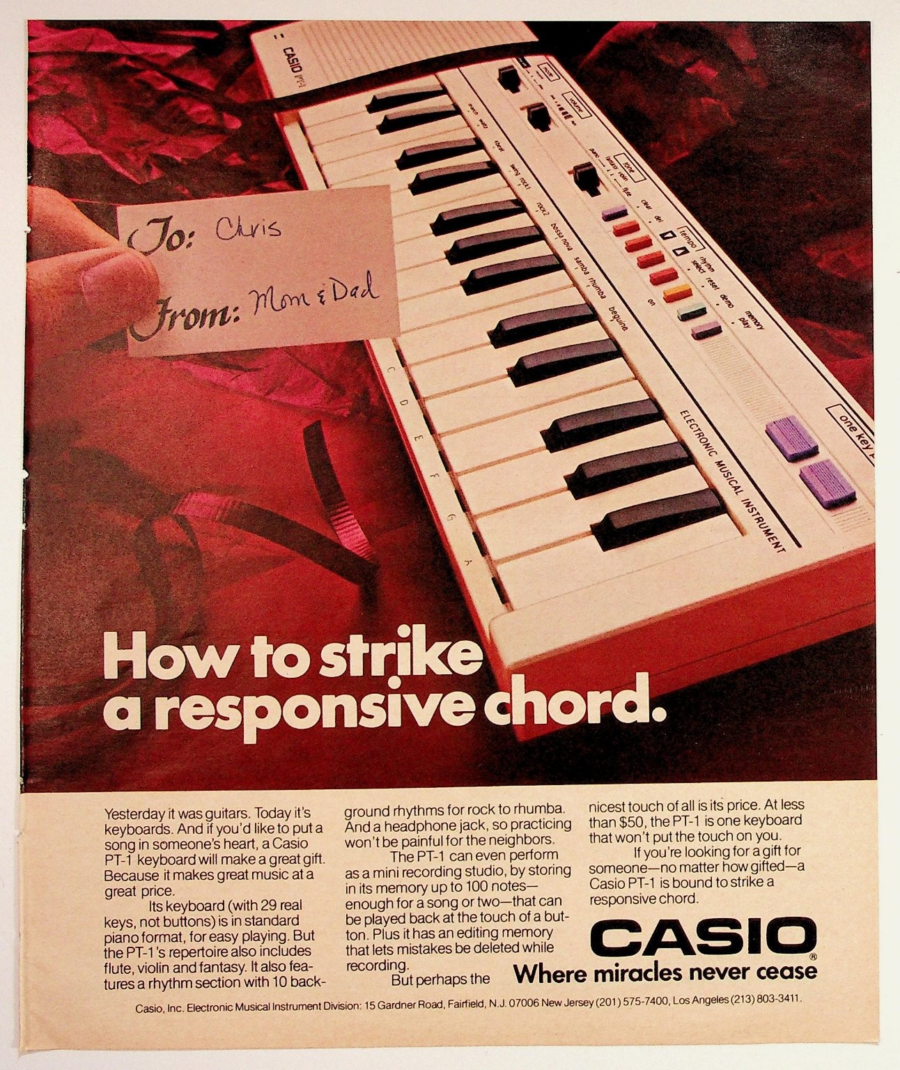 Vintage Casio PT-1 Keyboard Ad 1980s Electronic Musical Instrument Ephemera