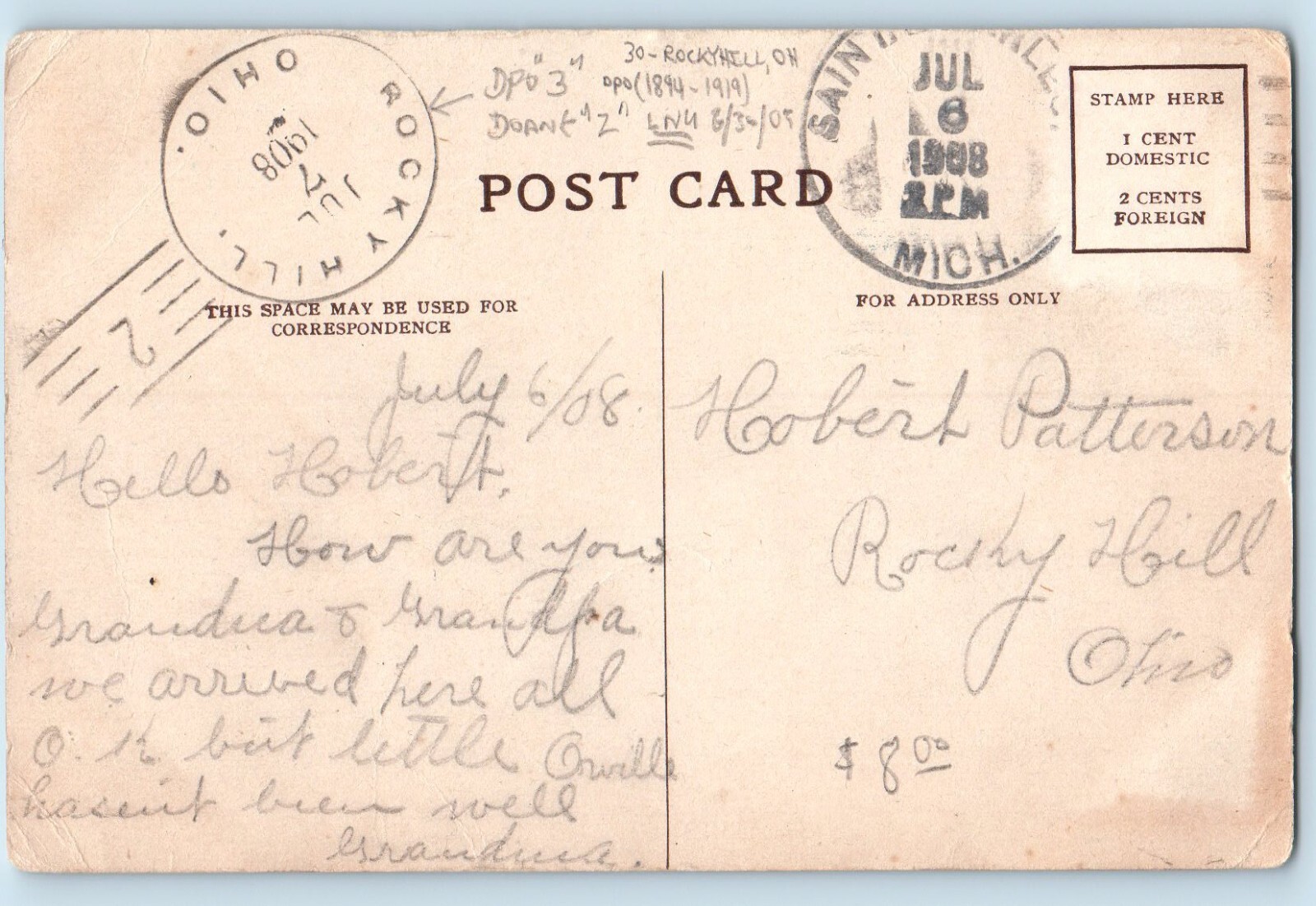 DPO (1894-1919) Rocky Hill Ohio OH Postcard View At Sunset Boats 1908 Antique