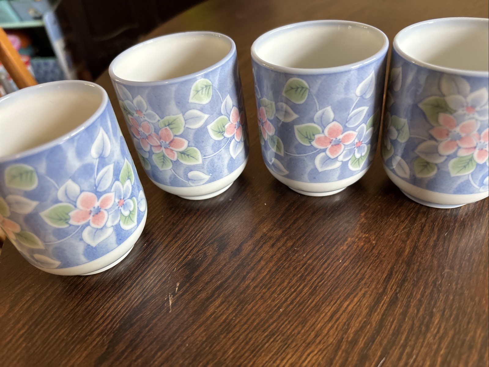 4 Maebata China Ceramic Tea Cup Set Box Blue White Floral Japan