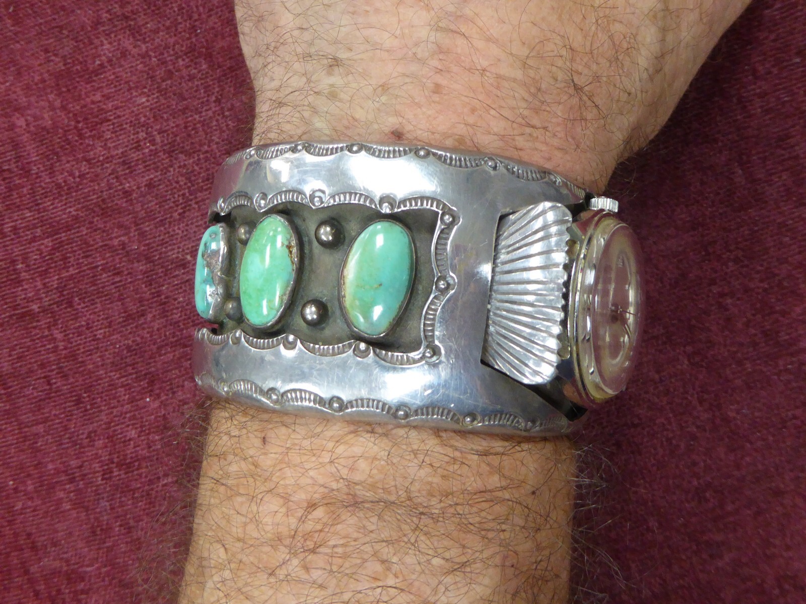 Rare Divers Watch Cuff Signed B. TOUCHINE Navajo Pawn Sterling Silver Turquoise