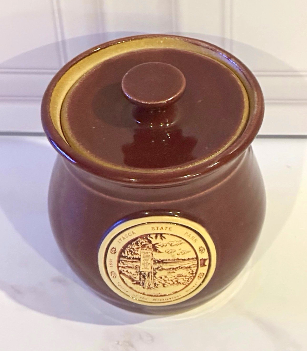 Brown Beige Ceramic Round Canister w/ Lid, Itasca State Park Minnesota Seal