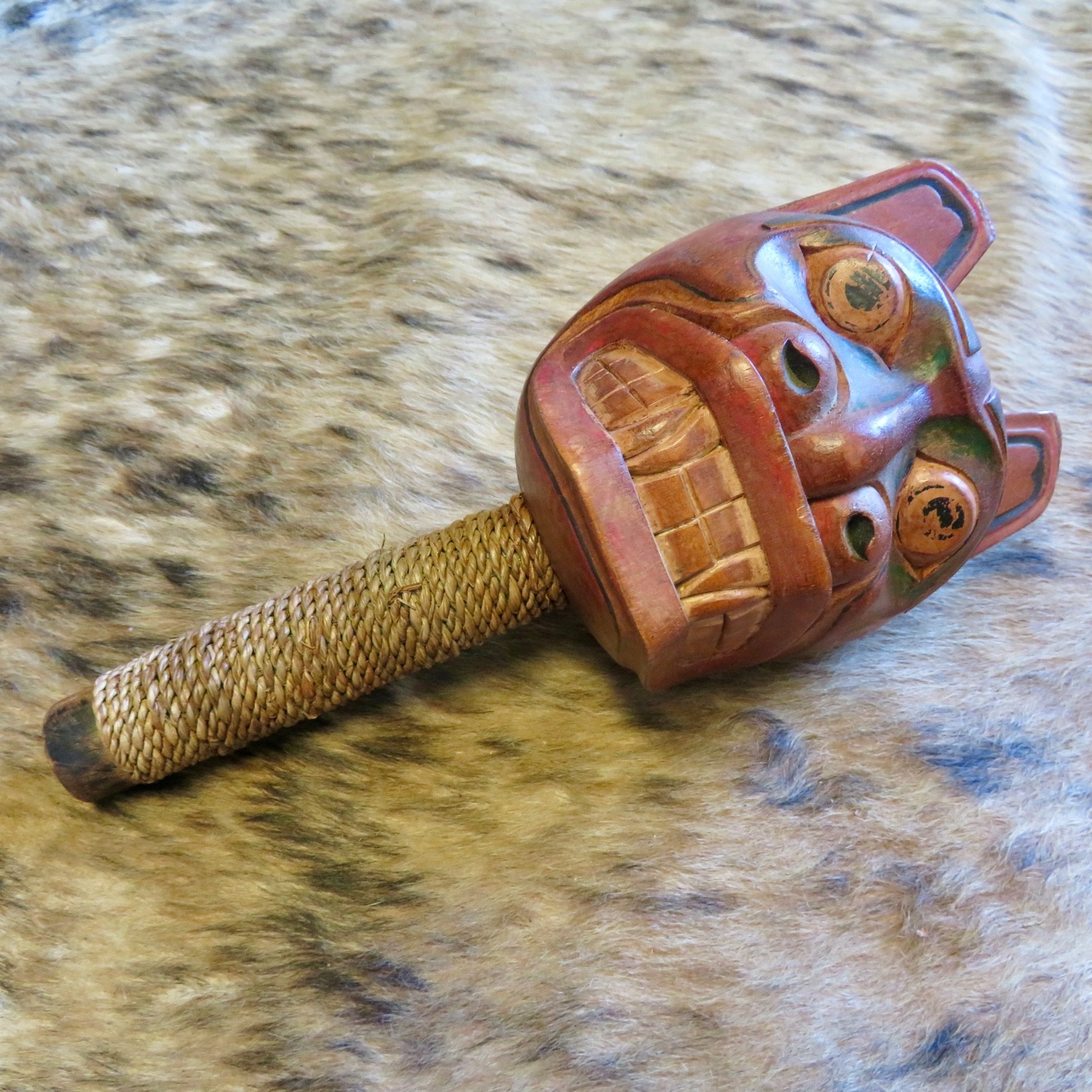 Vintage Pacific Northwest Native Carved Wood Rattle Western Red Cedar 12