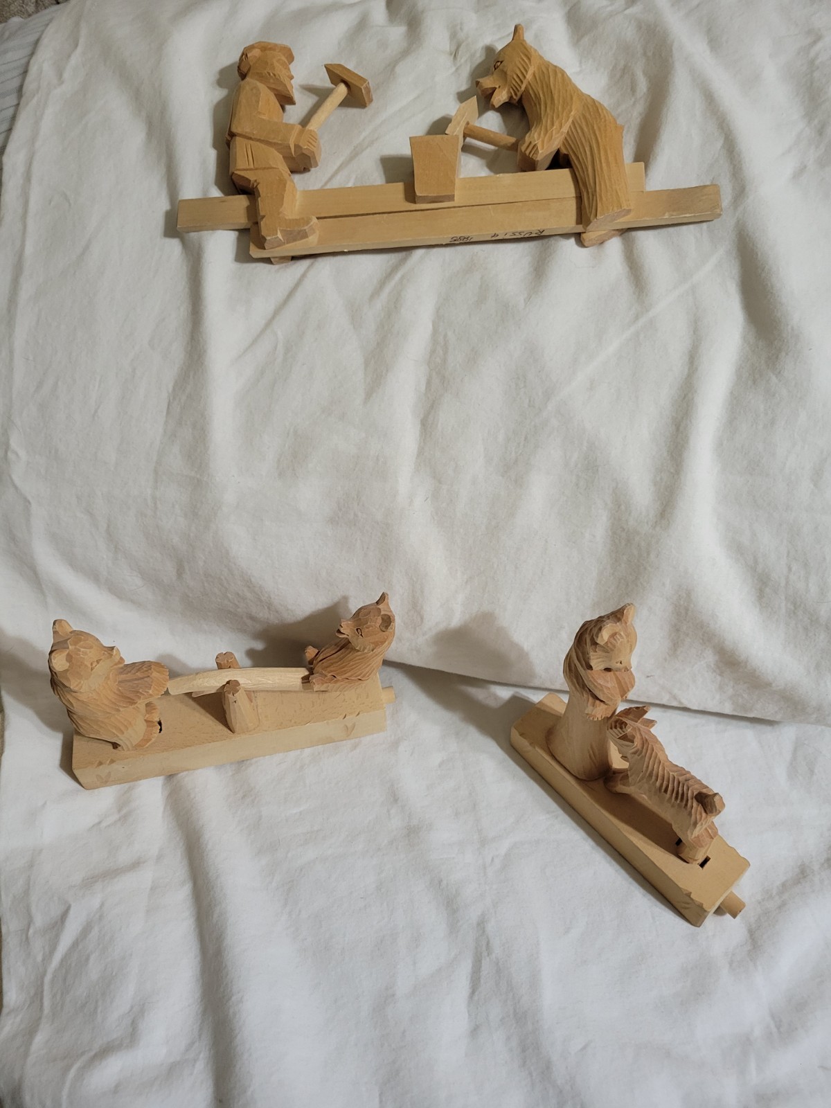 3 VNTG Hand Carved Russian Wood Mechanical Toys Folk Art  Bears/goat/man