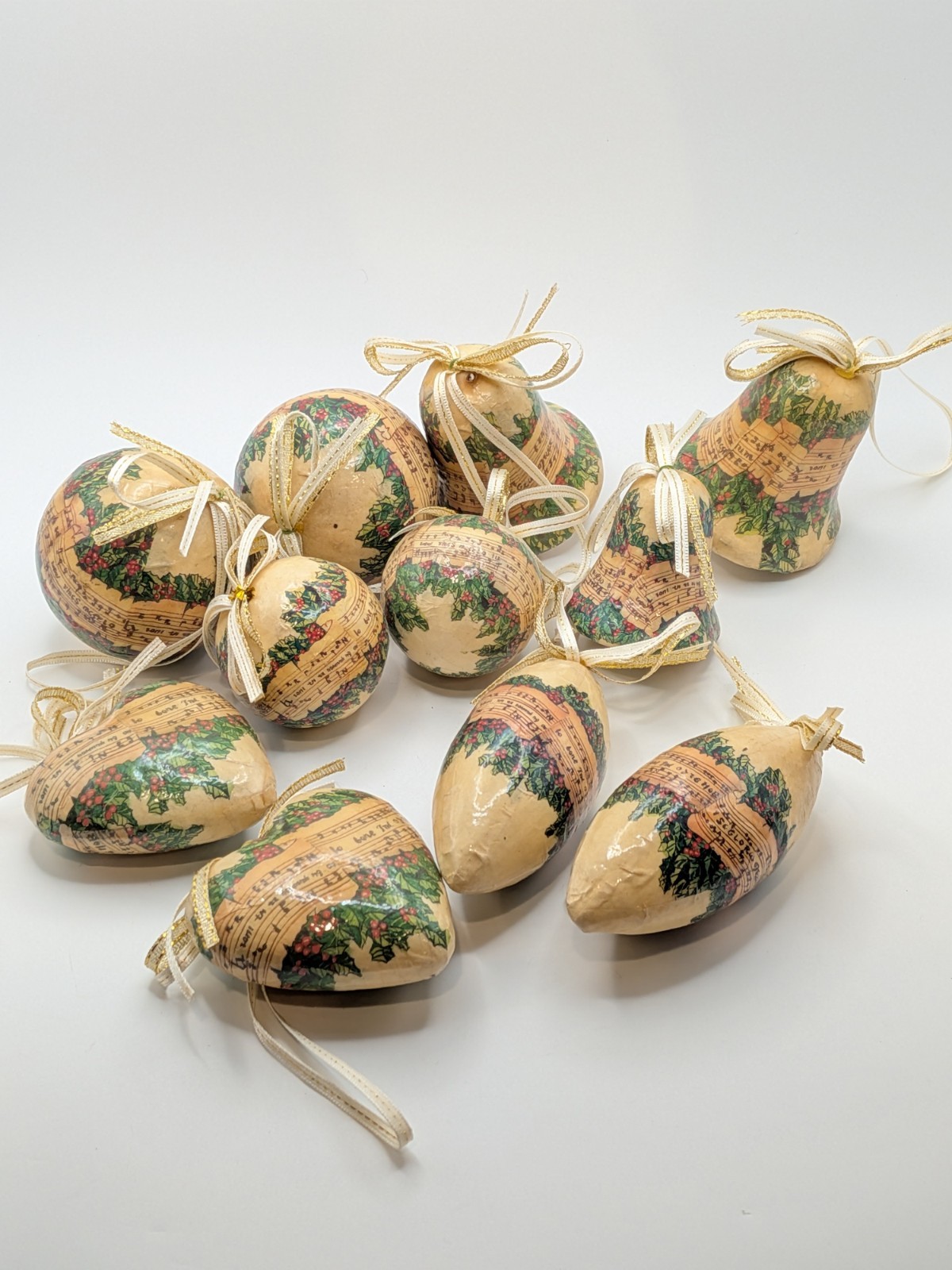 Vtg Victorian Decoupage Christmas Ornaments~Sheet Music~Paper Mache Set Of 11